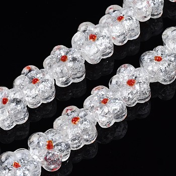 Transparent Handmade Bumpy Lampwork Beads Strands, with Silver Glitter, Flower, White, 13.5~14.5x14.5x8.5~10mm, Hole: 0.8~1.6mm, about 35pcs/strand, 18.50 inch~19.37 inch(47cm~49.2cm)