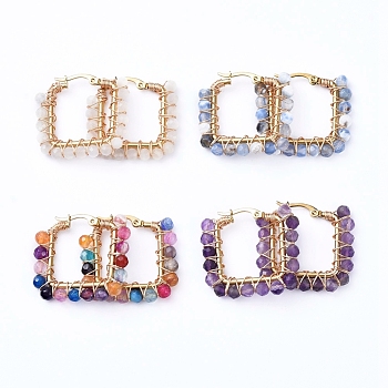 201 Stainless Steel Hoop Earrings, Beaded Hoop Earrings, with Natural Gemstone Beads, Rectangle, Golden, 28.5x31x4mm, Pin: 1x0.6mm