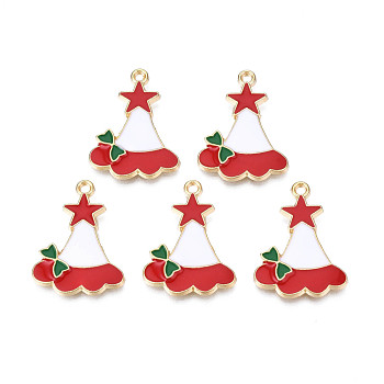 Rack Plating Alloy Enamel Charms, Cadmium Free & Nickel Free & Lead Free, Light Gold, Christmas Hat with Star, Dark Red, 26x19.5x2.5mm, Hole: 1.6mm