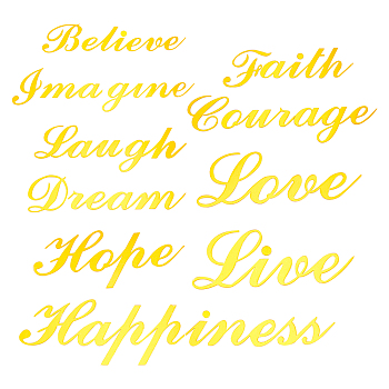 Acrylic Mirror Wall Stickers, with Adhesive Back, Word Love Live Laugh, Gold, 75~97x35~230x0.8mm, 37pcs/set.