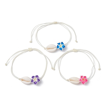 Natural Shell & Polymer Clay 3D Flower Link Bracelet, Braided Adjustable Bracelet, Mixed Color, Inner Diameter: 3-1/4 inch(8.2cm)