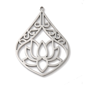 Non-Tarnish 304 Stainless Steel Pendants, Laser Cut, Teardrop with Lotus Charm, Stainless Steel Color, 25x35x1mm, Hole: 1mm