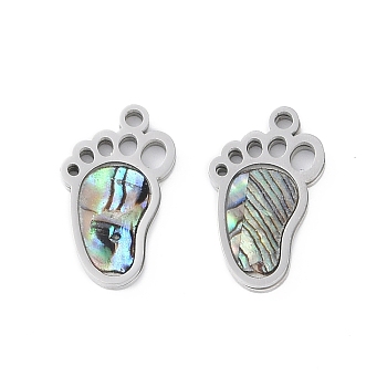 304 Stainless Steel Pendants, Natural Paua Shell Footprint Charms, Stainless Steel Color, 15.8x9.3x1.7mm, Hole: 1.5mm