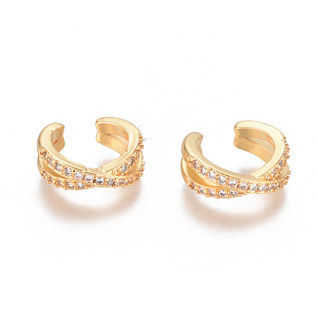 Golden Plated Brass Micro Pave Cubic Zirconia Cuff Earrings, Long-Lasting Plated, Clear, 13.2x12.5x5mm