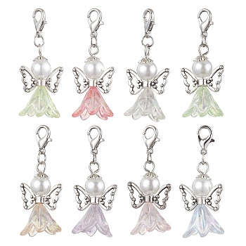 8Pcs 8 Colors Wedding Season Angel Glass Pearl & Acrylic Pendant Decorations, Zinc Alloy Lobster Claw Clasps Charms for Bag Key Chain Ornaments, Mixed Color, 43mm, Pendant: 29.5x18x16mm, 1pc/color