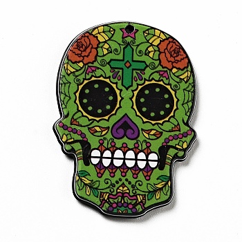 Halloween Acrylic Pendants, Skull, Olive Drab, 39x27.5x2.5mm, Hole: 1.6mm