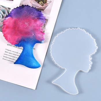 Afro Female Silhouette Silicone Resin Bust Statue Molds, Large Afro Woman Head Tray Mold, for DIY Half-body Sculpture Coaster Tray, White, 157.5x110x8.5mm