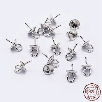 925 Sterling Silver Cup Pearl Bail Pin Pendants, For Half Drilled Beads, Silver, 9x6mm, Hole: 2mm, Pin: 0.7mm