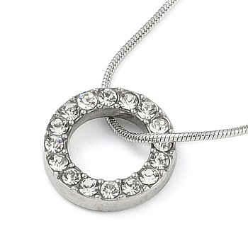 304 Stainless Steel Crystal Rhinestone Round Snake Chain Ring Pendant Necklaces for Women, Stainless Steel Color, 17.72 inch(45cm)