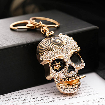 Alloy Rhinestone Pendant Keychain, with Alloy Key Rings and Lobster Claw Clasps, Long-Lasting Plated, Skull, Black, Pendant: 6x4.5cm