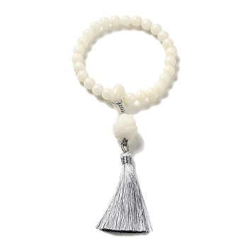 White Jade Bodhi Root Round Beaded Stretch Bracelet, with Lotus & Tassel Pendants, White, Inner Diameter: 3 inch(7.7cm), Bead: 10x9.5mm