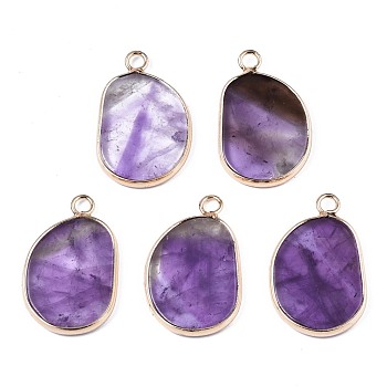 Natural Amethyst Pendants, with Golden Plated Brass Edge and Loop, Bean, 25.5x16x2mm, Hole: 2.5mm