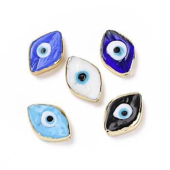 Handmade Lampwork Beads, with Golden Plated Brass Findings, Cadmium Free & Lead Free, Horse Eye with Evil Eye, Mixed Color, 14x20x4.5mm, Hole: 1.4mm