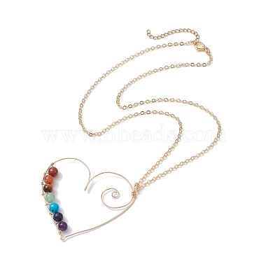 Natural & Synthetic Mixed Gemstone Beaded Alloy Heart Pendant Necklace(NJEW-JN04574)-4