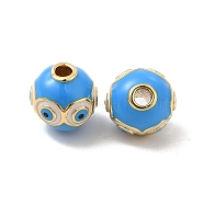 Brass Enamel Beads, Golden, Round with Evil Eye, Deep Sky Blue, 9mm, Hole: 2mm(KK-E077-03G)