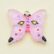 Transparent Resin Pendants, with Platinum Tone Iron Loops, Butterfly Charms, Pink, 23x24.5x5mm, Hole: 2mm(RESI-G046-02P-02)