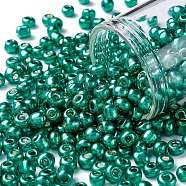 6/0 Glass Seed Beads, Metallic Colours Style, Round, Dark Turquoise, 6/0, 4mm, Hole: 1.5mm, about 4500pcs/pound(SEED-A017-4mm-1118)