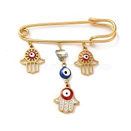 Ion Plating(IP) 304 Stainless Steel Kilt Pin, Enamel & Rhinestone & Glass Evil Eye Hamsa Hand Charm Brooch for Backpack Clothes, Golden, 53x51x7mm(STAS-D089-33G)