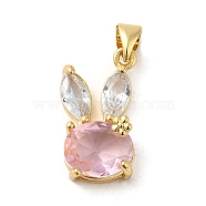 Rack Plating Brass Micro Pave Cubic Zirconia Pendants, Cadmium Free & Lead Free, Long-Lasting Plated, Real 18K Gold Plated, Rabbit, Pink, 20x11x7mm, Hole: 5x3.5mm(KK-P241-20G-02)