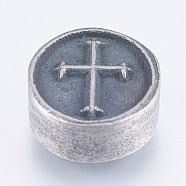 304 Stainless Steel Beads, Flat Round with Cross, Antique Silver, 10.5x5mm, Hole: 2mm(STAS-I072-054AS)