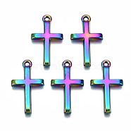 Rainbow Color Alloy Tiny Cross Charms, Cadmium Free & Lead Free, 24x14x2mm, Hole: 1.6mm(PALLOY-S180-035-RS)
