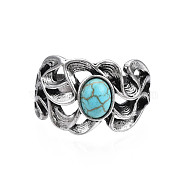 Gothic Punk Skull Alloy Open Cuff Ring with Oval Synthetic Turquoise for Men Women, Cadmium Free & Lead Free, Antique Silver, Medium Turquoise, US Size 8 3/4(18.7mm)(RJEW-T009-53)