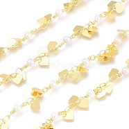 3.28 Feet Brass Chains, with Glass Beads & Heart Charm, Soldered, Long-Lasting Plated, Real 18K Gold Plated, Link: 3.8x2.5x0.4mm, Bead: 3.5mm(X-CHC-K009-12G)