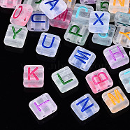 Transparent Frosted Acrylic Multi-Strand Links, for Tile Elastic Bracelets Making, Square with Letter, Mixed Letter, Mixed Color, 8x8x4mm, Hole: 1.5mm, about 1398pcs/368g(MACR-N008-38)