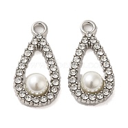 Alloy with Rhinestone Pendants, with ABS Imitation Pearl, Teardrop Charms, Platinum, 25x12x6.5mm, Hole: 2.2mm(FIND-B032-11P)