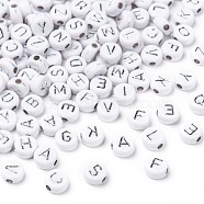 Plating Acrylic Beads, Metal Enlaced, Horizontal Hole, Mixed Letters, Flat Round, Silver Plated, 7x4mm, Hole: 1.8mm(PACR-YW0001-08P)