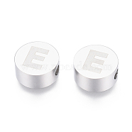 304 Stainless Steel Beads, Flat Round with Letter, Letter.E, 10x4.5mm, Hole: 2mm(STAS-I126-02P-E)