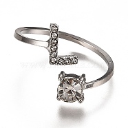 Alloy Cuff Rings, Open Rings, with Crystal Rhinestone, Platinum, Letter.L, US Size 7 1/4(17.5mm)(RJEW-I075-01P-L)