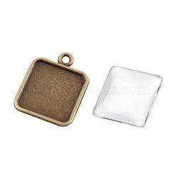 DIY Pendant Making, Alloy Pendant Cabochon Settings, with Glass Square Cabochons, Nickel Free, Antique Bronze, 22x18x2mm, Hole: 2mm, Glass: 15x15x5mm, 2pcs/set(DIY-X0291-08AB-NF)