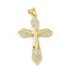 Rack Plating Brass Micro Pave Cubic Zirconia Pendants, Cross with Jesus, Long-Lasting Plated, Cadmium Free & Lead Free, Real 18K Gold Plated, 36x23x3mm, Hole: 3.5x3mm(KK-C052-10A-G)