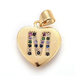 Brass Micro Pave Cubic Zirconia Pendants, Heart with Letter, Colorful, Letter.M, 17x15x1.5mm, Hole: 3.5x4.5mm(ZIRC-F093-57G-M)