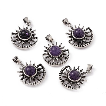 Natural Amethyst Pendants, Sun Charms, with Antique Silver Color Brass Findings, 23x19x8mm, Hole: 4x3.5mm