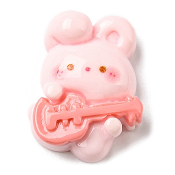 Musical Theme Opaque Resin Cabochons, Rabbit with Guitar, Pink, 25x18.5x7.5mm