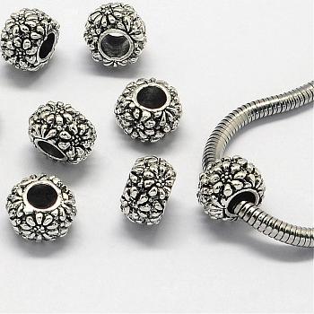 Alloy European Beads, Large Hole Beads, Rondelle, Antique Silver, 11x7mm, Hole: 5mm