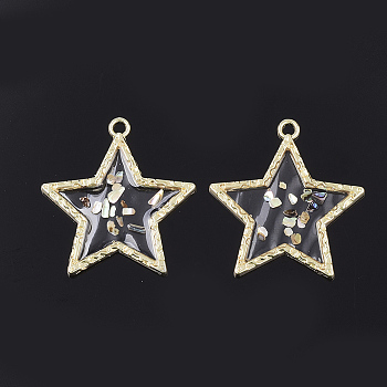 Epoxy Resin Pendants, with Shell and Alloy Findings, Star, Colorful, Golden, 37.5x35x2mm, Hole: 2.5mm