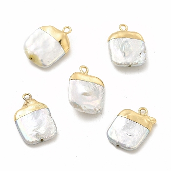 Baroque Natural Keshi Pearl Pendants, Square Charms, with Brass Loops, Light Gold, 19~21x13~15x3~7mm, Hole: 1.6mm