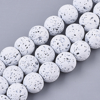 Spray Painted Natural Lava Rock Beads Strands, Round, White, 8~9mm, Hole: 0.7mm, about 47~48pcs/Strand, 15.75 inch(40cm)