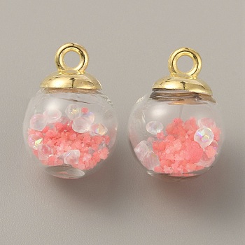 Transparent Glass Globe Pendants, with Glass Rhinestone Inside and Golden Pendant Bails, Round Charms, Salmon, 22x16mm, Hole: 2.5mm