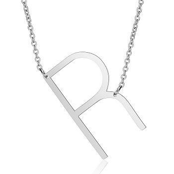 201 Stainless Steel Initial Pendants Necklaces, with Cable Chains, Letter, Letter.R, 17.3~18.3 inch(44~46.5cm)x1.5mm, LetterR: 37.5x21x1mm