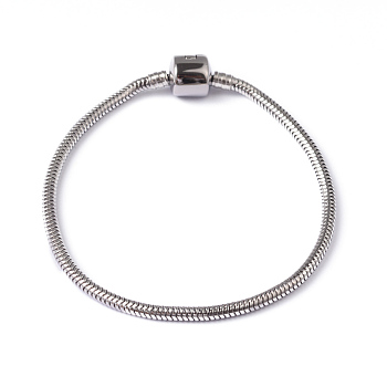 304 Stainless Steel Round Snake Chain European Style Bracelet Making, with European Clasps, Stainless Steel Color, 210x3mm