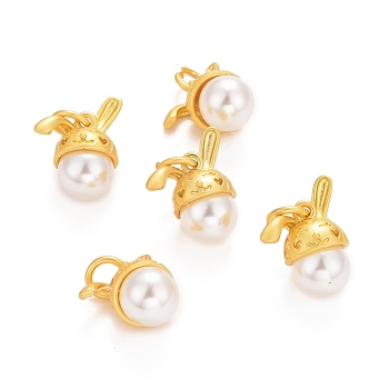 ABS Plastic Imitation Pearl Pendants, with Rack Plating Brass Finding and Jump Ring, Long-Lasting Plated, Rabbit, Golden, 15x13x9mm, Jump Ring: 6x1mm, Inner Diameter: 4mm