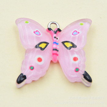 Transparent Resin Pendants, with Platinum Tone Iron Loops, Butterfly Charms, Pink, 23x24.5x5mm, Hole: 2mm
