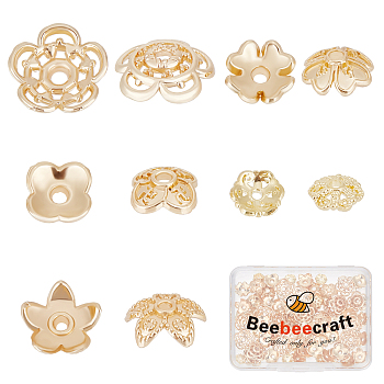 100Pcs 5 Style Brass & Alloy Bead Caps, Long-Lasting Plated, Flower, Real 14K Gold Plated, 6~10.5x1.5~3mm, Hole: 1~1.6mm, 20pcs/style