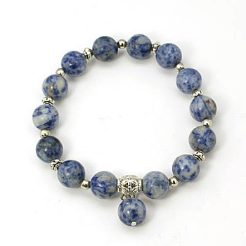 Fashion Gemstone Beaded Bracelets, Stretch Bracelets, with Antique Silver Alloy Beads, Blue Spot Jasper, 55mm