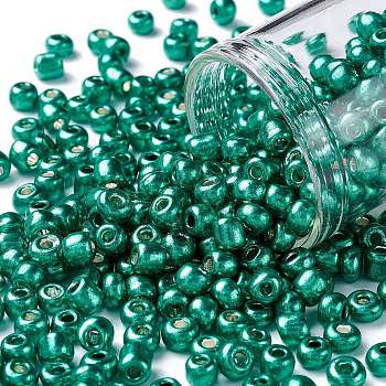 6/0 Glass Seed Beads, Metallic Colours Style, Round, Dark Turquoise, 6/0, 4mm, Hole: 1.5mm, about 4500pcs/pound