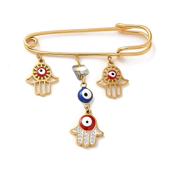 Ion Plating(IP) 304 Stainless Steel Kilt Pin, Enamel & Rhinestone & Glass Evil Eye Hamsa Hand Charm Brooch for Backpack Clothes, Golden, 53x51x7mm